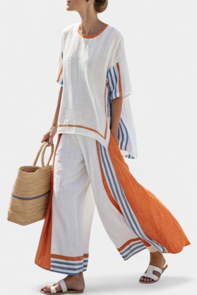 Thorneil | Comfortable Wide-Leg Striped Trousers & Linen Top