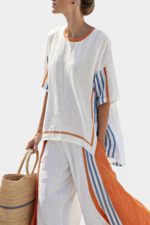 Thorneil | Comfortable Wide-Leg Striped Trousers & Linen Top