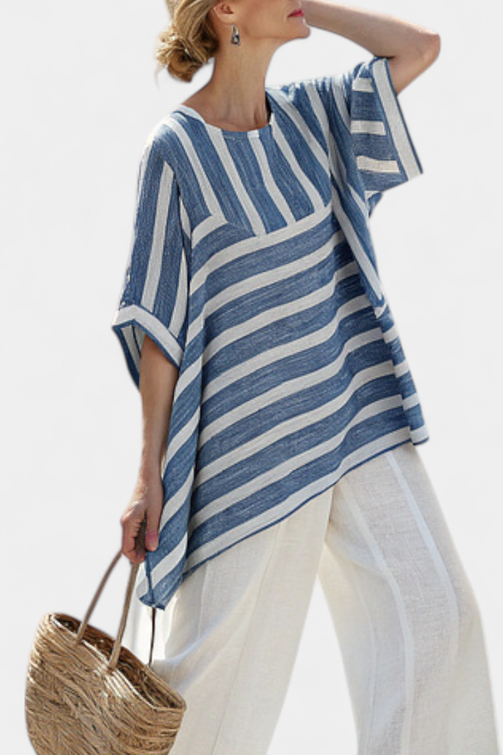 Corvielle | Sophisticated Blue Striped Top & Hem-Detailed Trousers