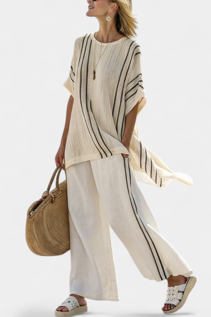 Greysen | Elegant Ivory Linen Blouse & Black Striped Trousers