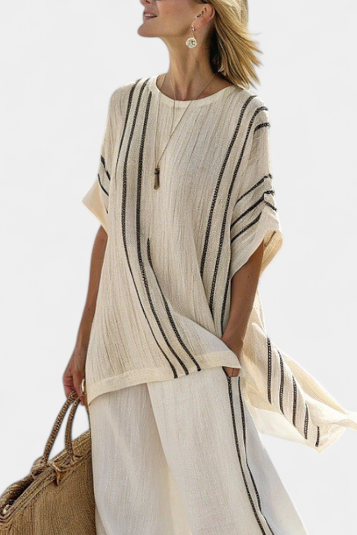 Greysen | Elegant Ivory Linen Blouse & Black Striped Trousers