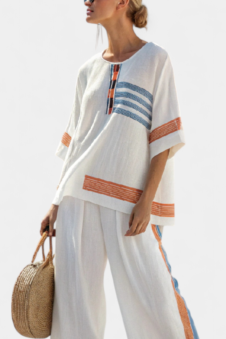 Marcellin | Sophisticated Blue-Orange Striped Top & Trousers