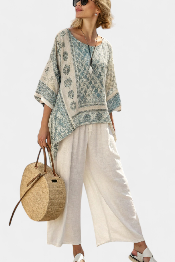 Quinley | Comfortable Printed Blouse & Wide-Leg White Trousers