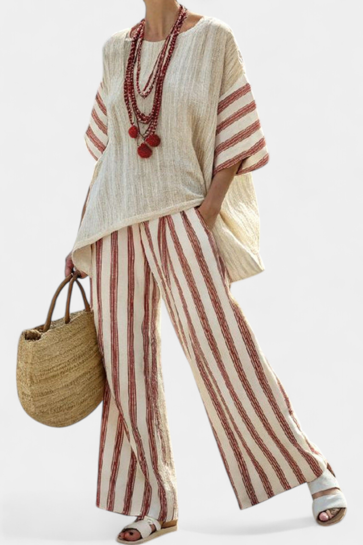Braelith | Elegant Rustic Striped Top & Cream Linen Trousers